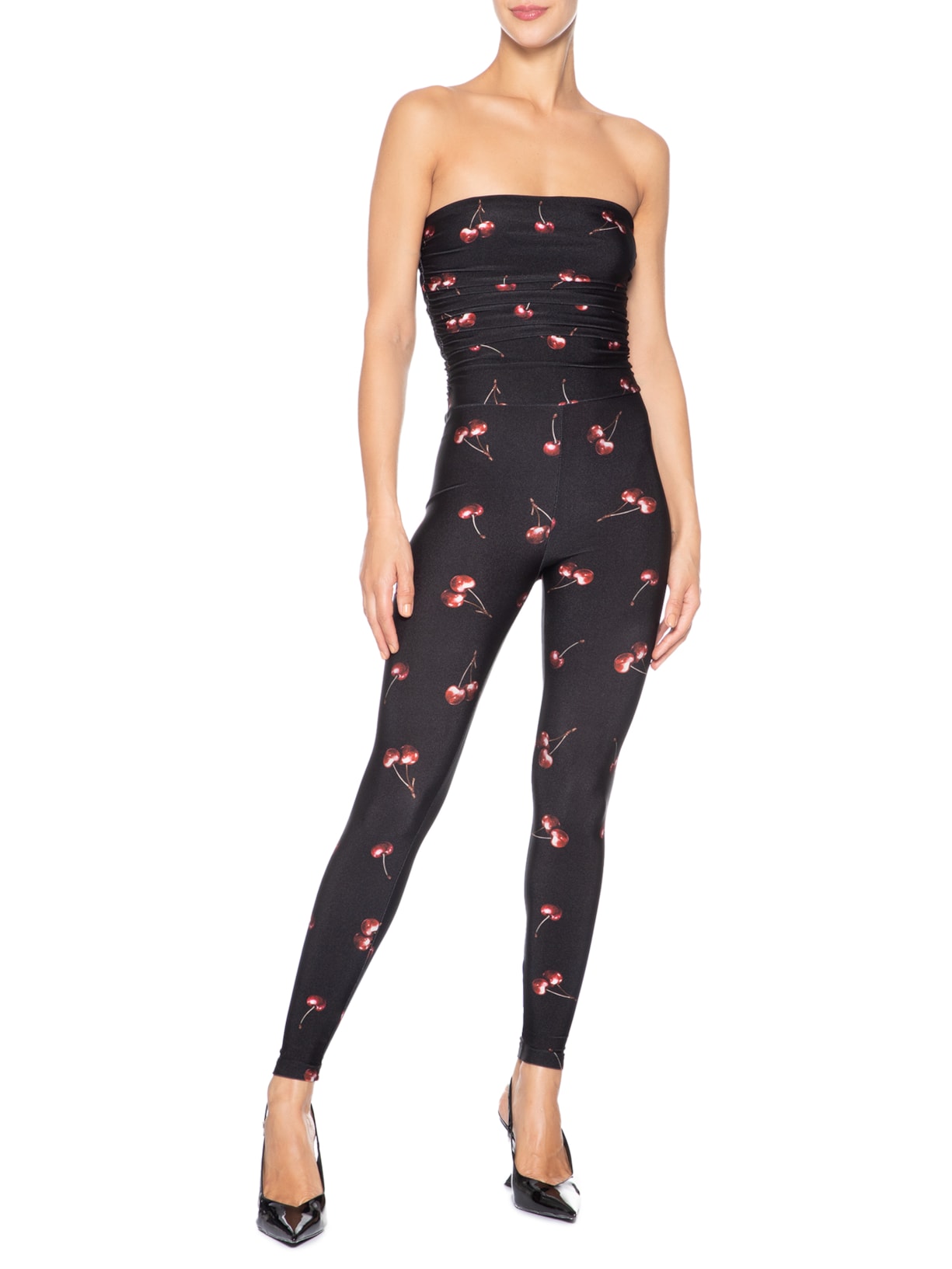 Macacão Feminino Lycra Estampado Bardot Cherry Preto Forlegs