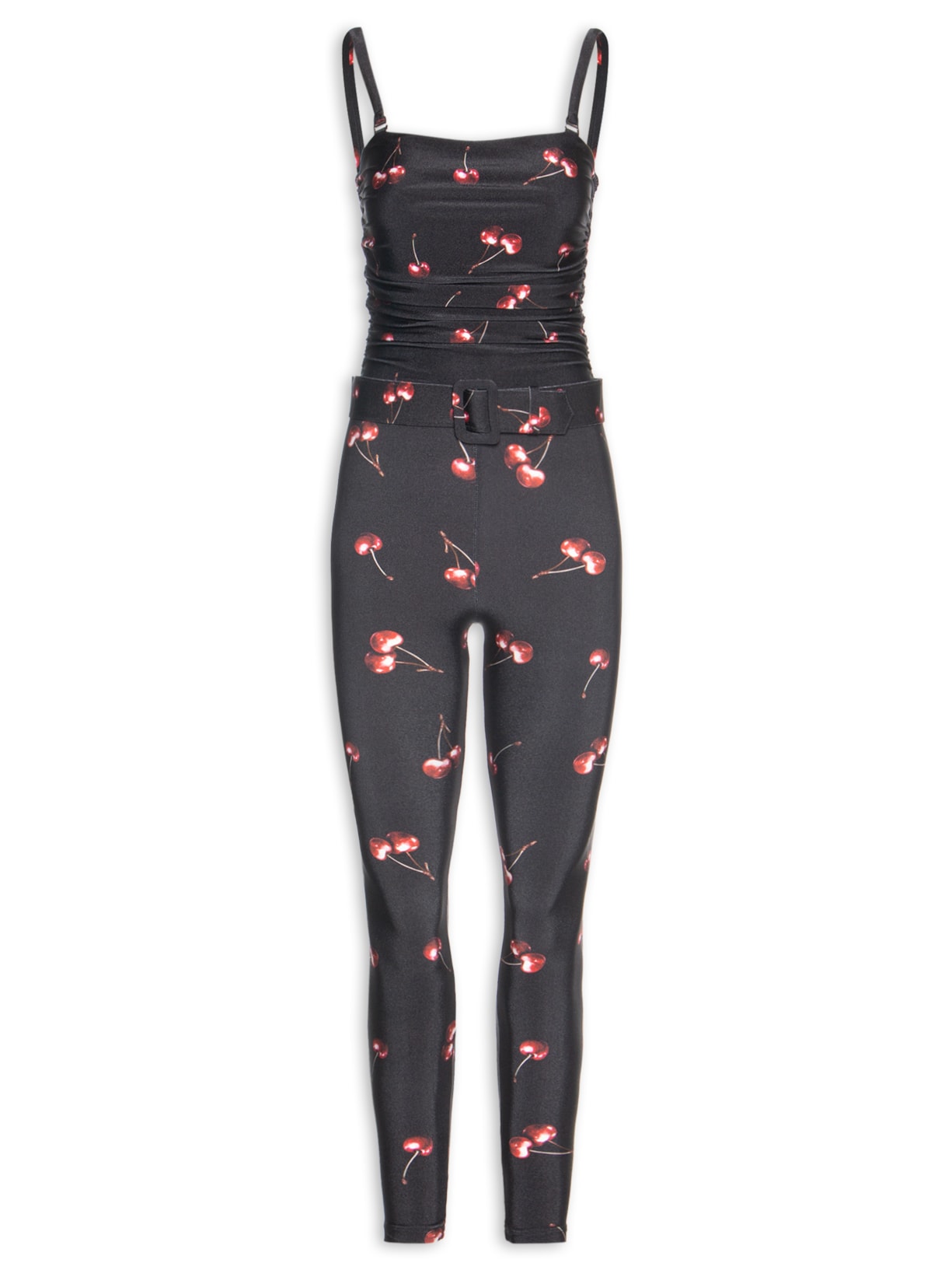 Macacão Feminino Lycra Estampado Bardot Cherry - Preto