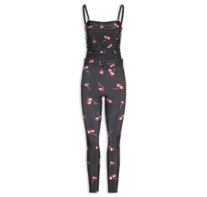 Macacão Feminino Lycra Estampado Bardot Cherry - Preto