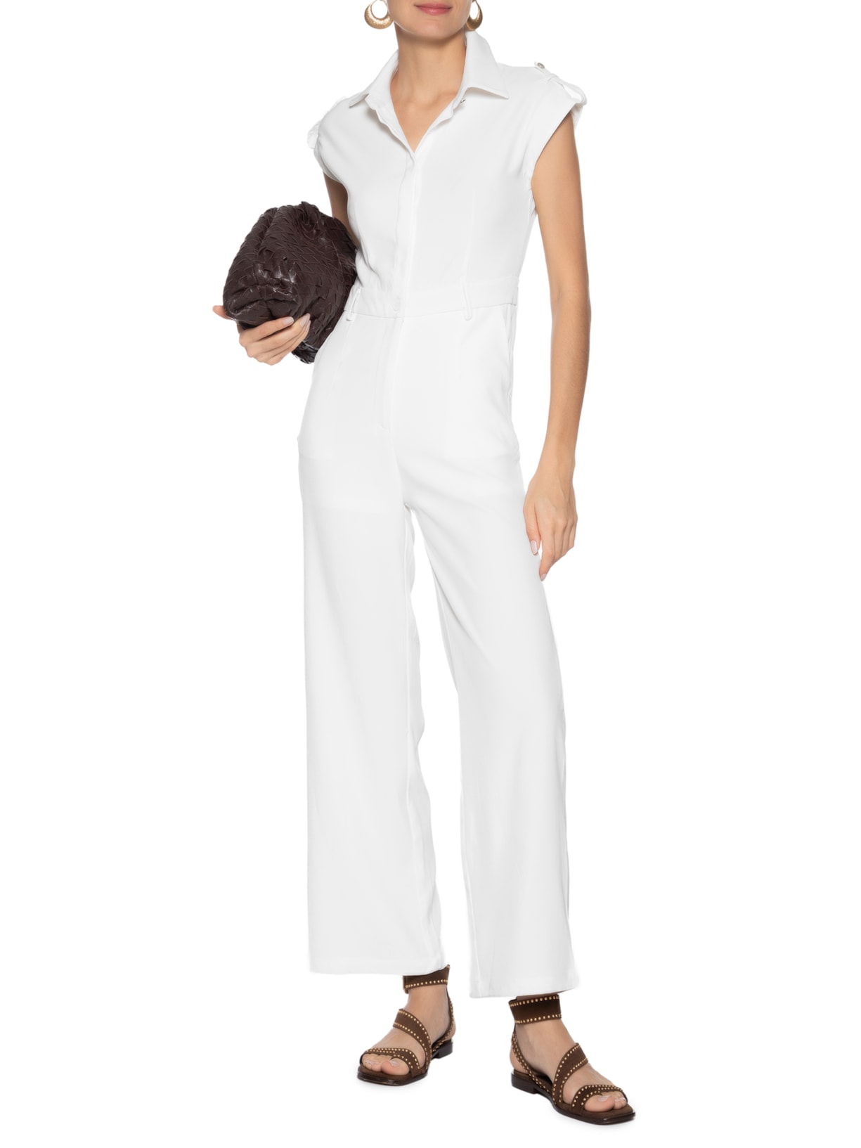 Macacão Feminino Manga Curta Branco Basiq