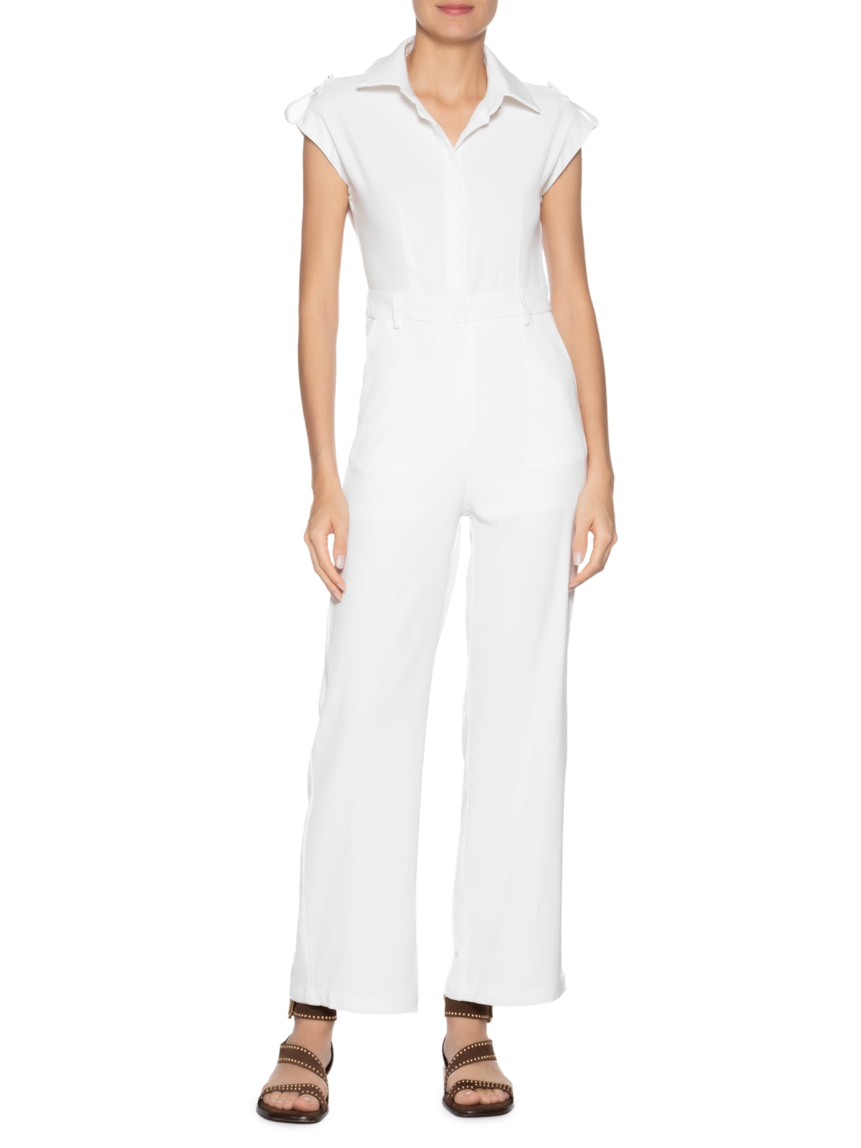 Macacão Feminino Manga Curta Branco Basiq