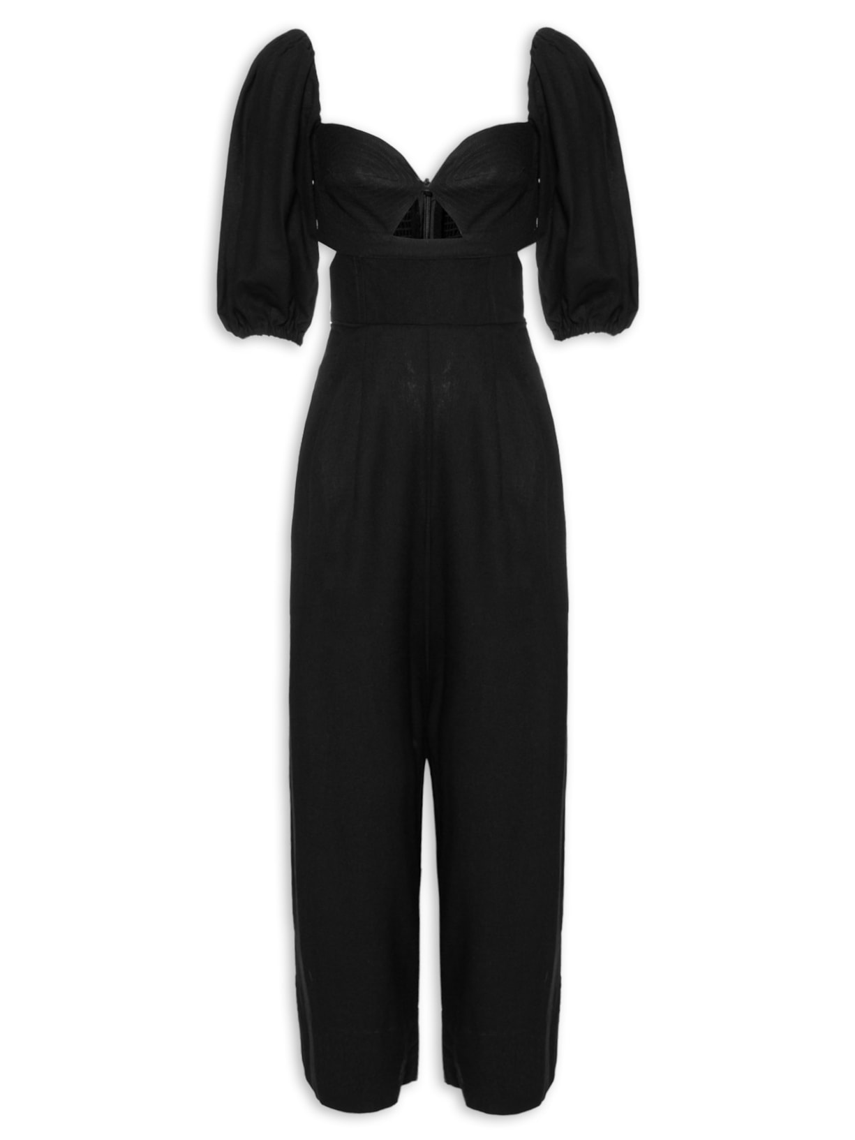 Macacão Feminino Mangas Pesponto - Preto