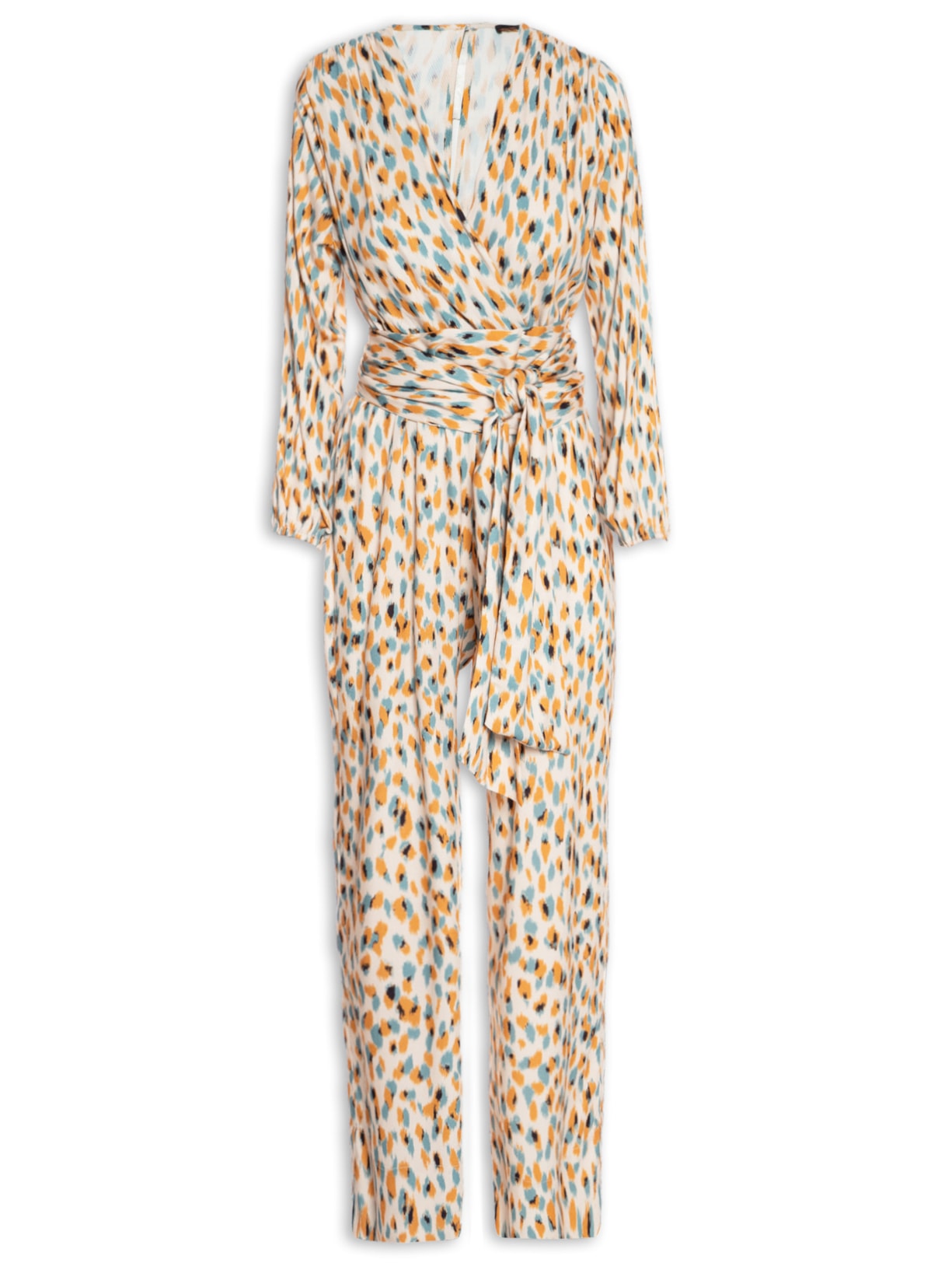 Macacão Feminino Ombro Franzido Textura Onça - Bege