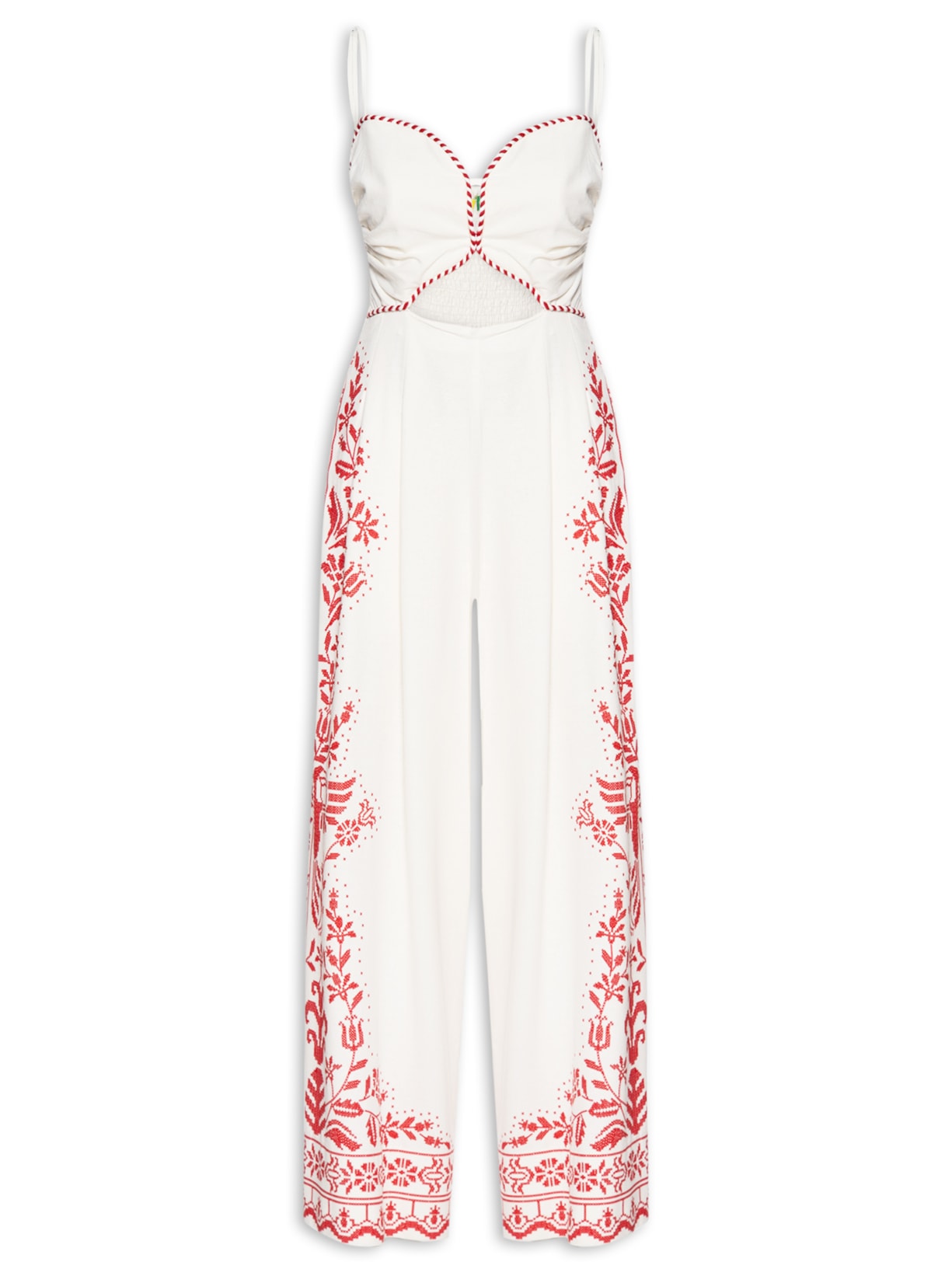 Macacão Feminino Pantalona Bordado Tropical - Bege