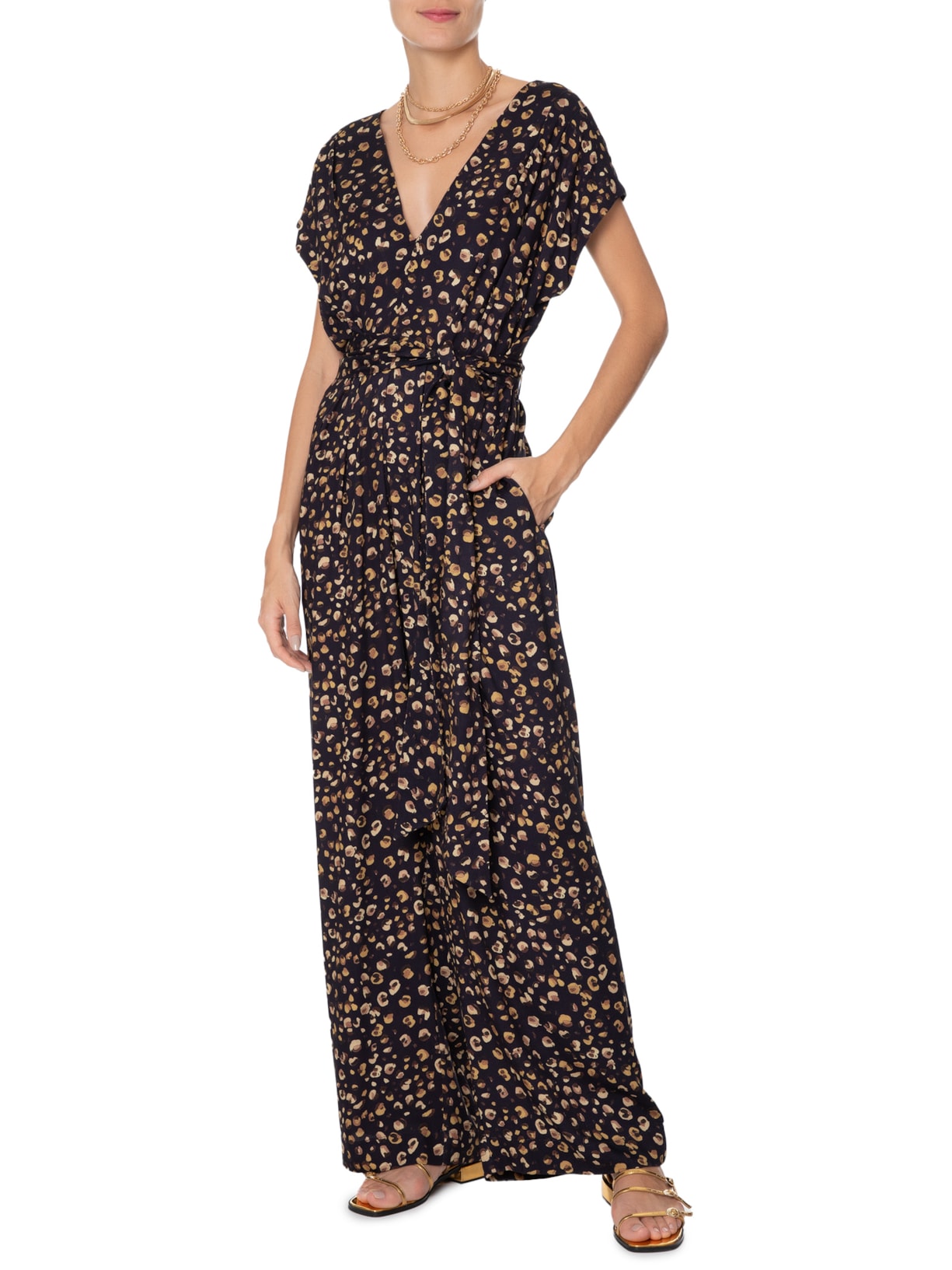 Macacão Feminino Prega Onça Guache Preto Animale