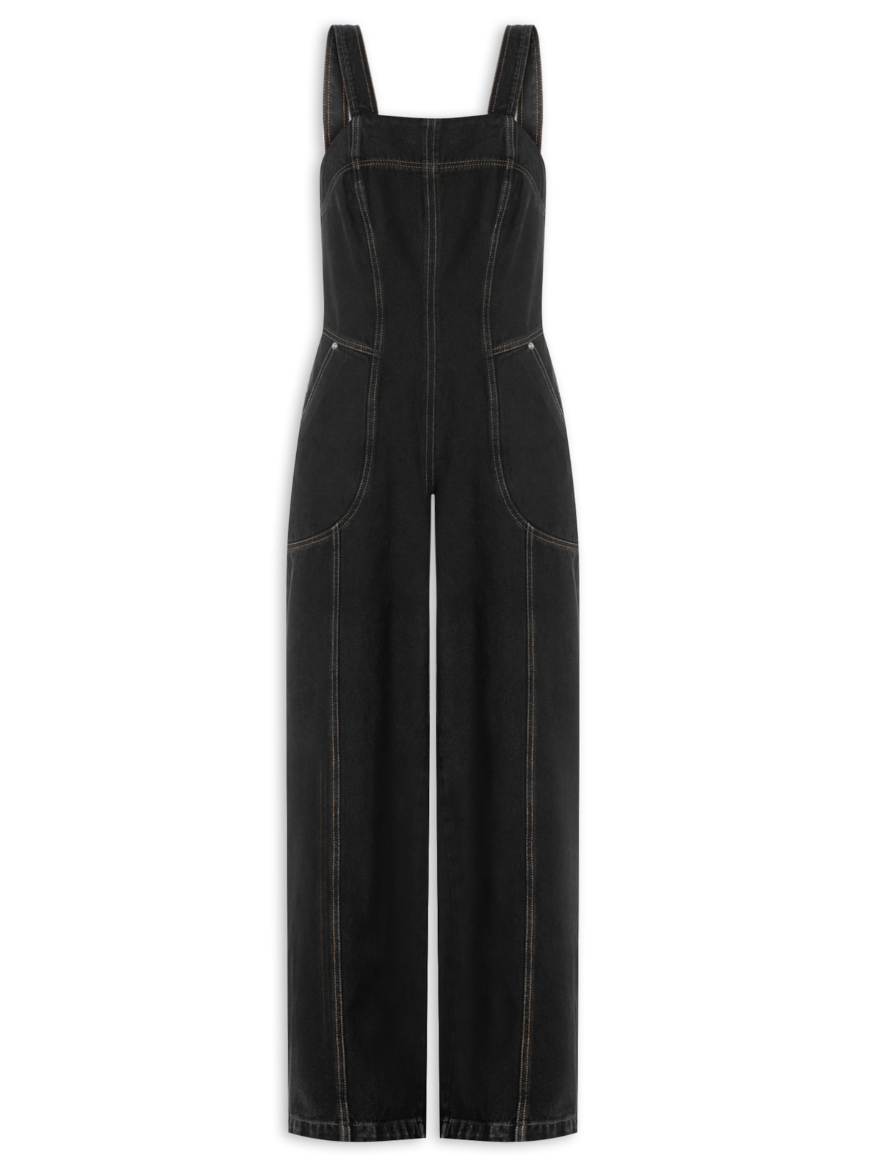 Macacão Feminino Sarja Longo Alça Raw - Preto
