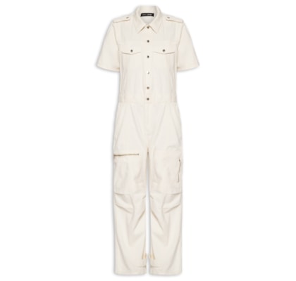 Macacão Feminino Sarja Longo Bolsos Com Zíper - Off White