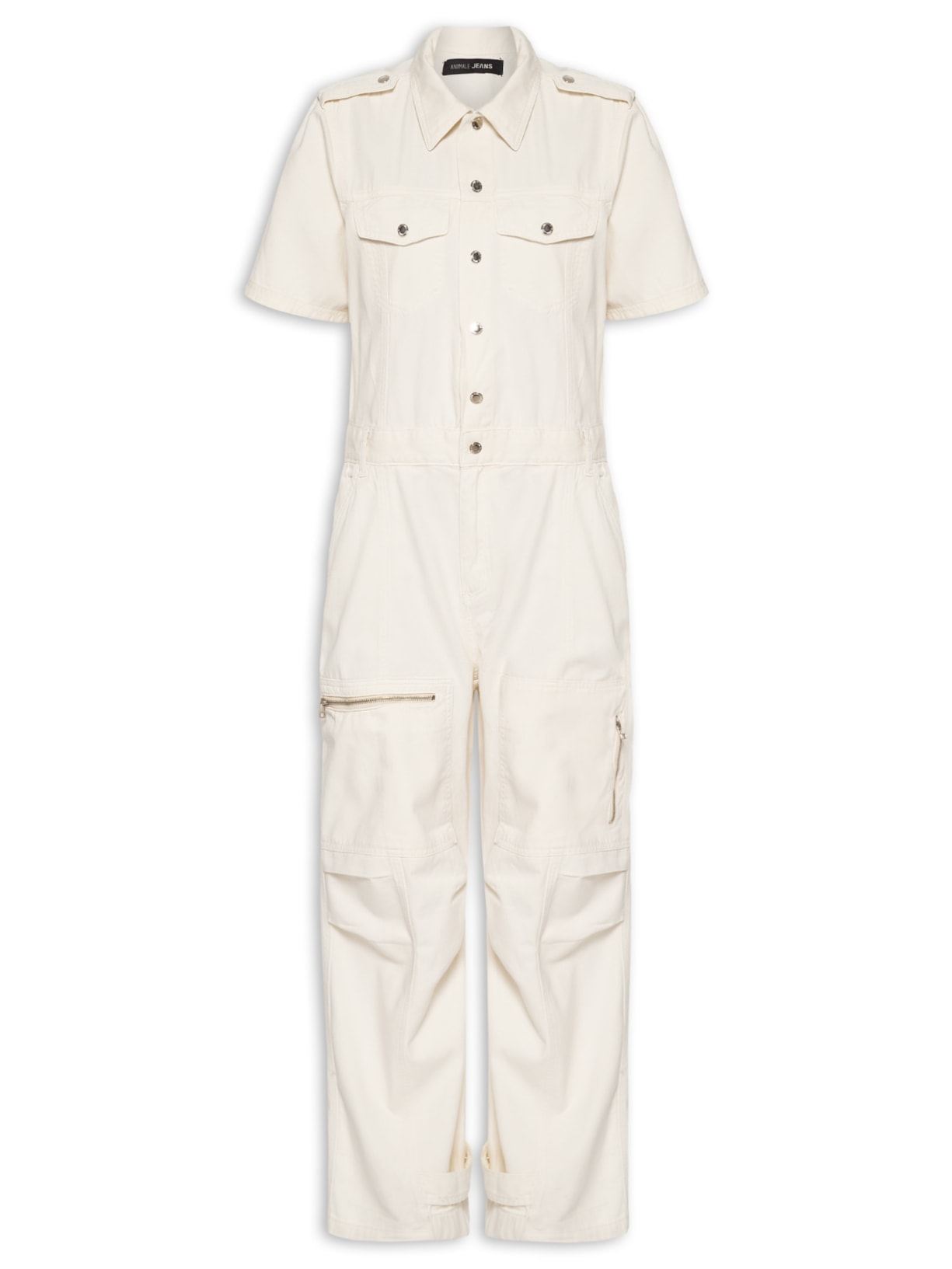 Macacão Feminino Sarja Longo Bolsos Com Zíper - Off White