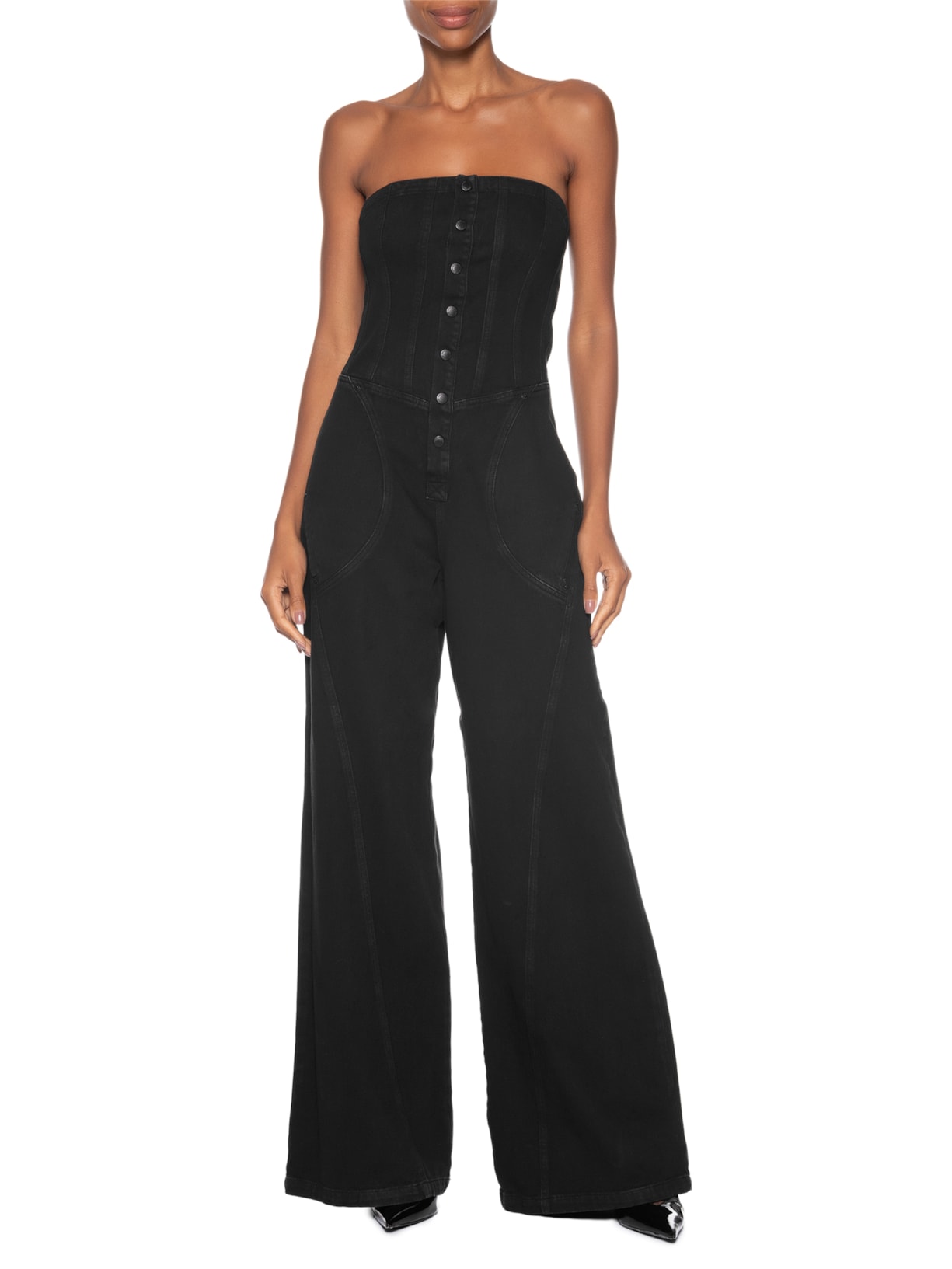 Macacão Feminino Sarja Longo Decote Reto Stoned Preto Animale Jeans