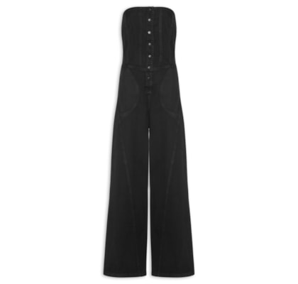 Macacão Feminino Sarja Longo Decote Reto Stoned - Preto