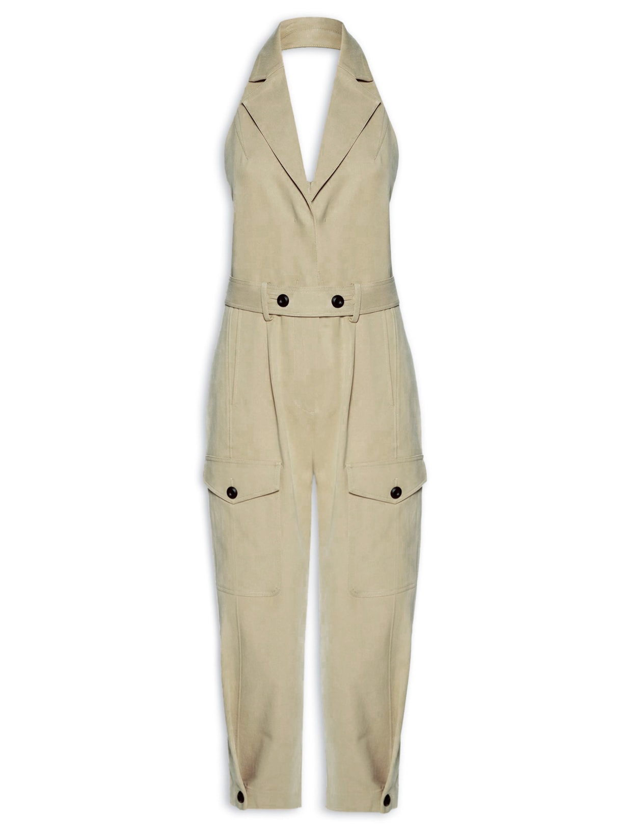 Macacão Feminino Sem Manga Com Bolsos E Regulagem - Bege