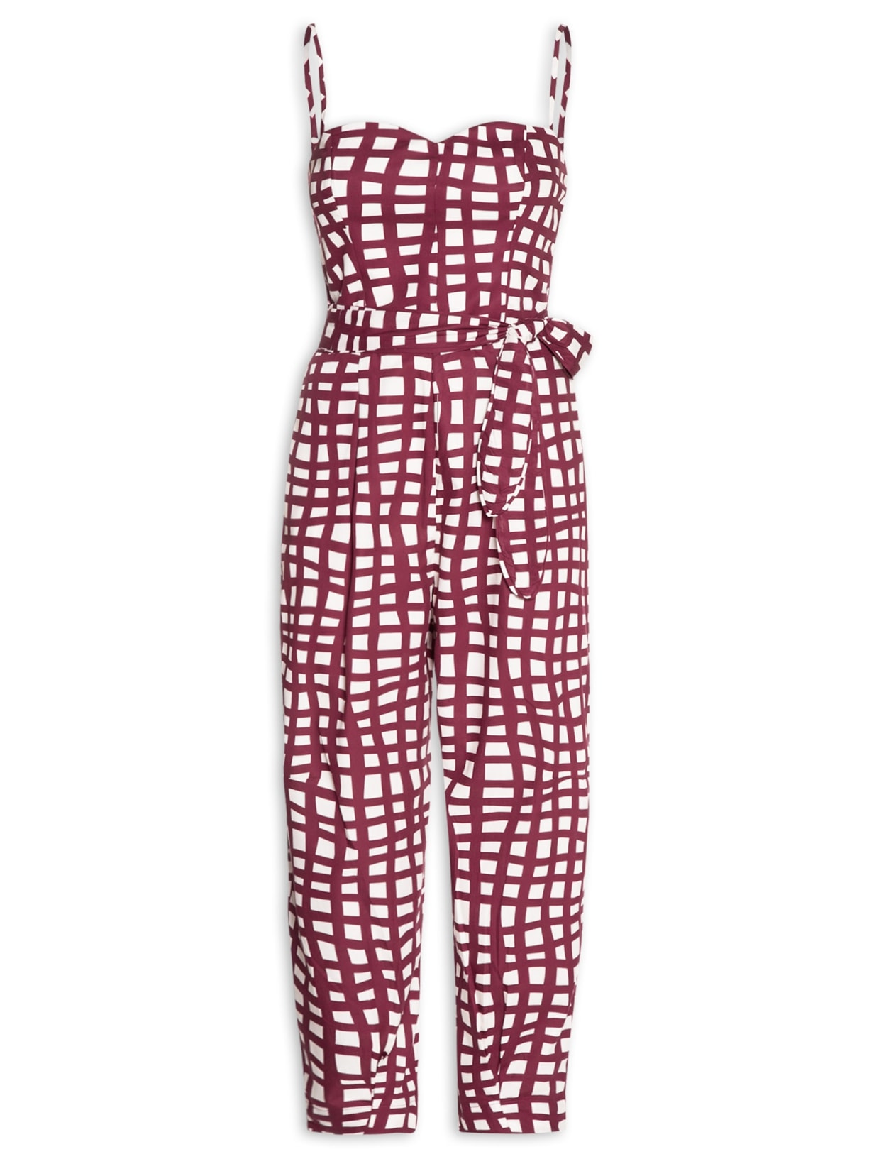 Macacão Feminino Tricoline Estampa Trama - Vermelho