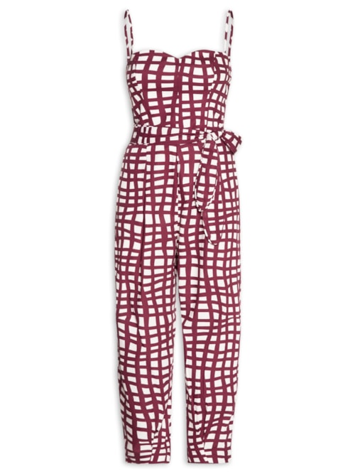 Macacão Feminino Tricoline Estampa Trama - Vermelho