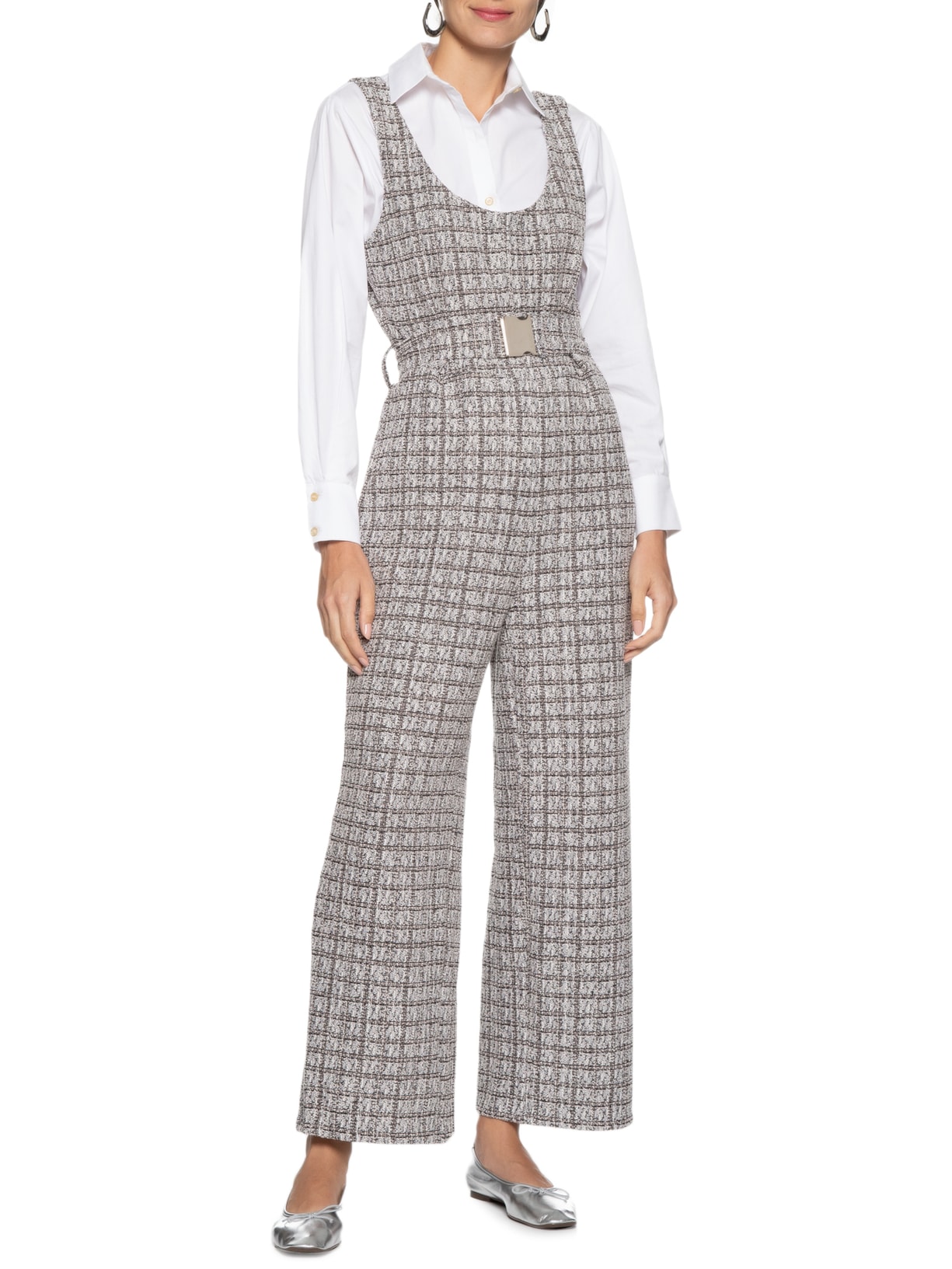 Macacão Feminino Tweed Cinto Fivela Cinza Animale Jeans