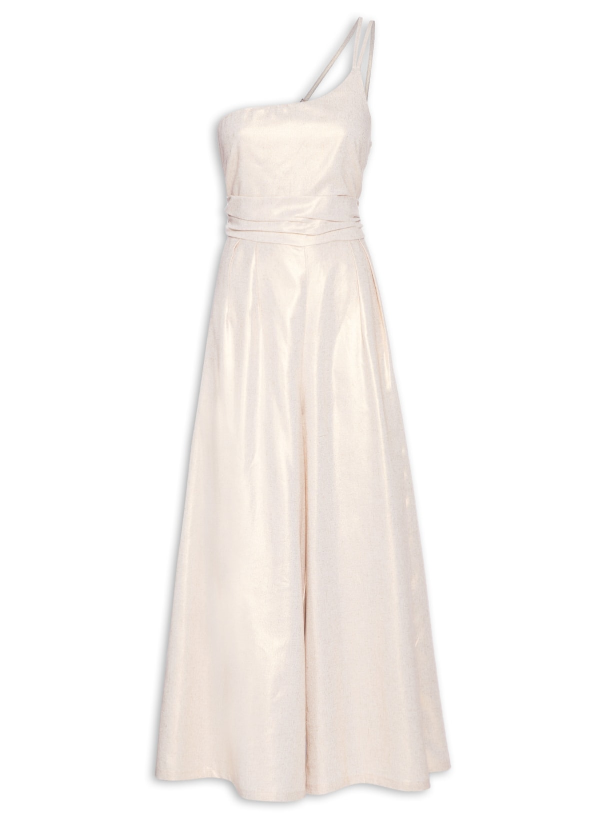 Macacão Feminino Um Ombro Com Detalhe Na Cintura Bege Basiq