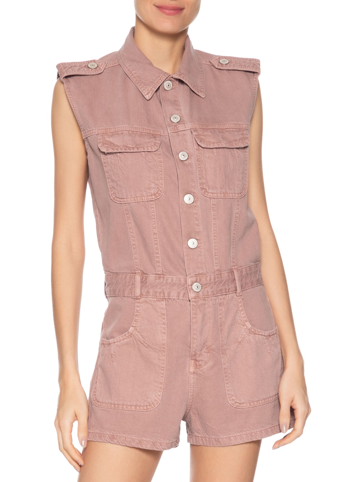 Macacão Sarja Curto Cargo Com Pregas Rosa Animale Jeans