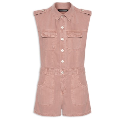 Macacão Sarja Curto Cargo Com Pregas - Rosa