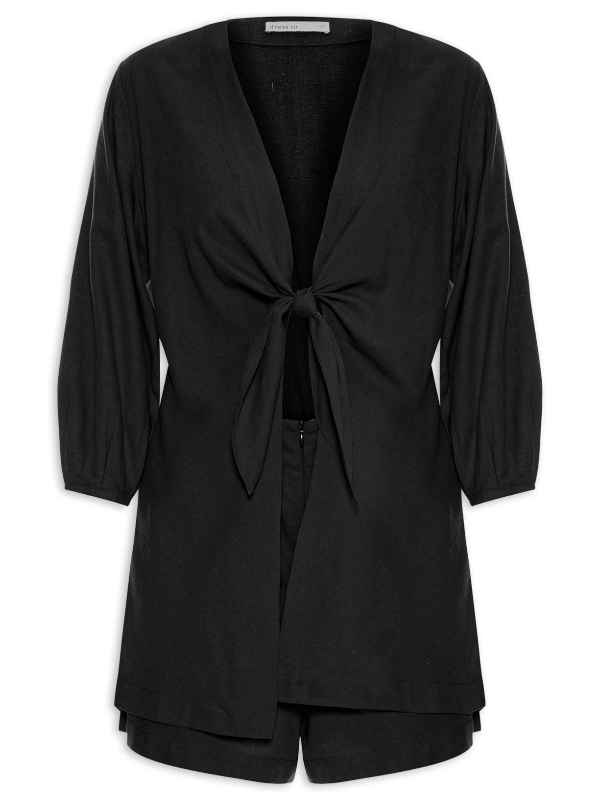 Macaquinho Feminino Linho Sobreposição - Preto