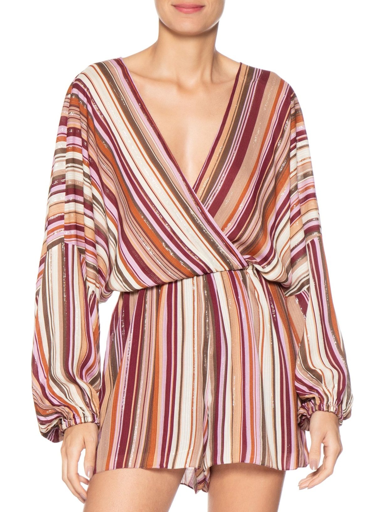 Macaquinho Feminino Luréx Estampa Listra Aurora Rosa Dress To