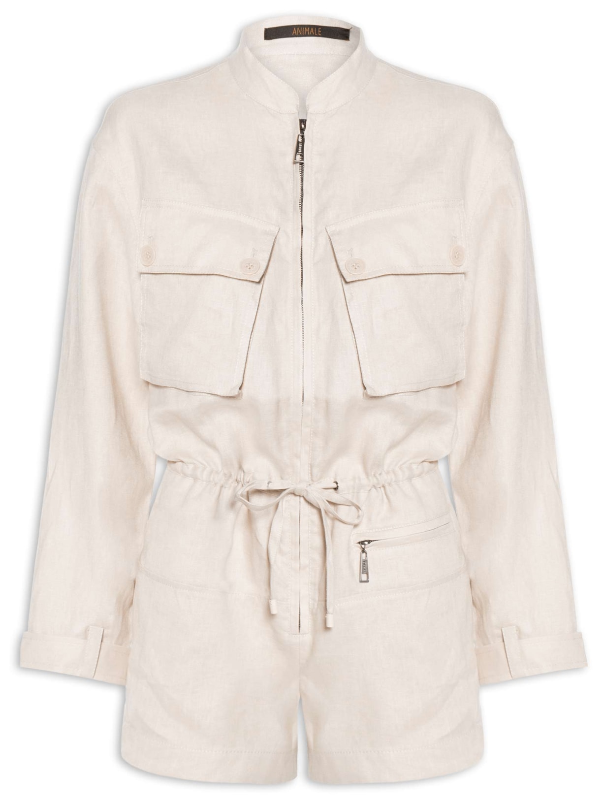 Macaquinho Feminino Manga Longa Com Recorte No Short - Bege