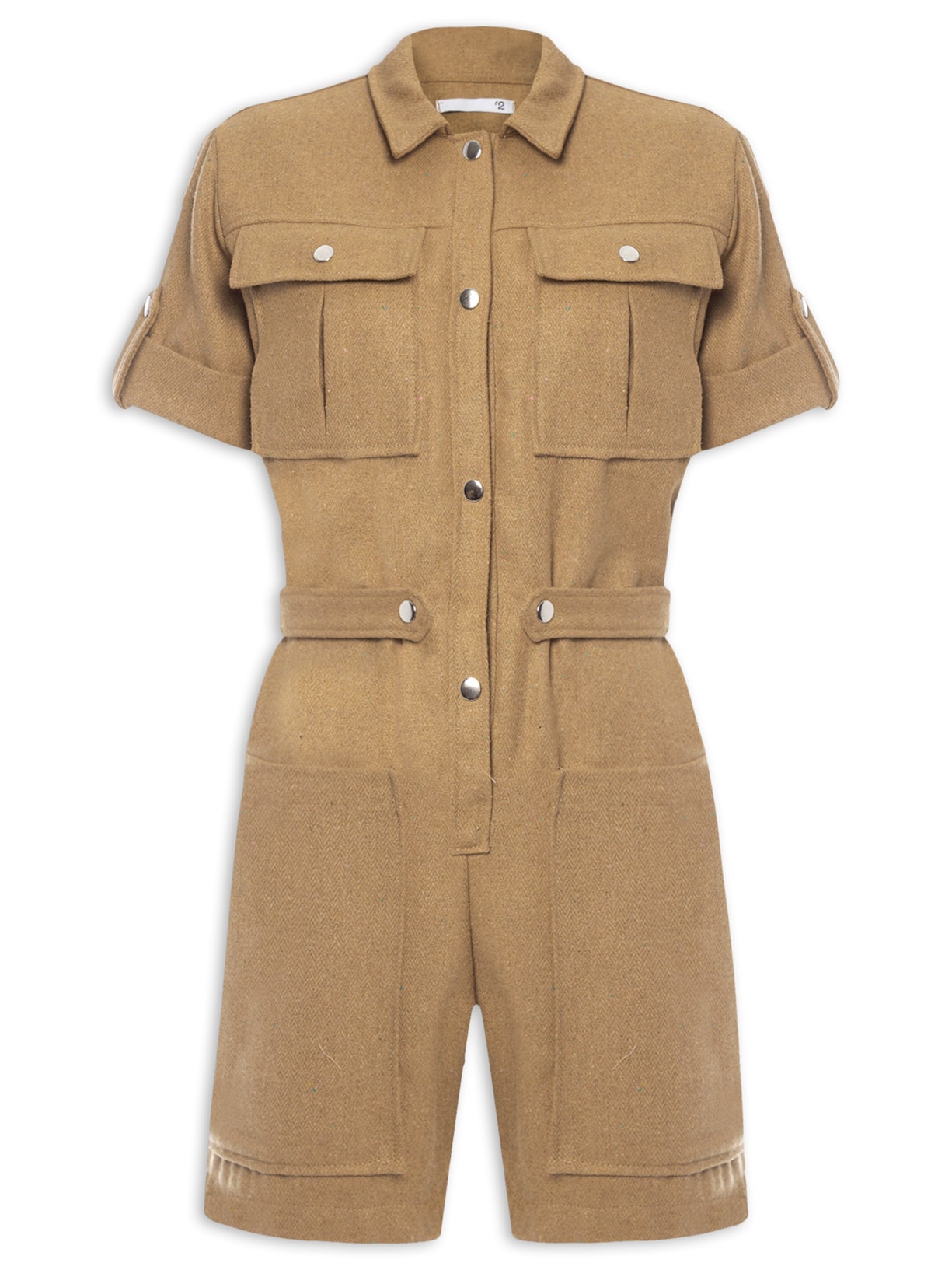 Macaquinho Feminino Utilitário 4 Bolsos De Tweed - Bege