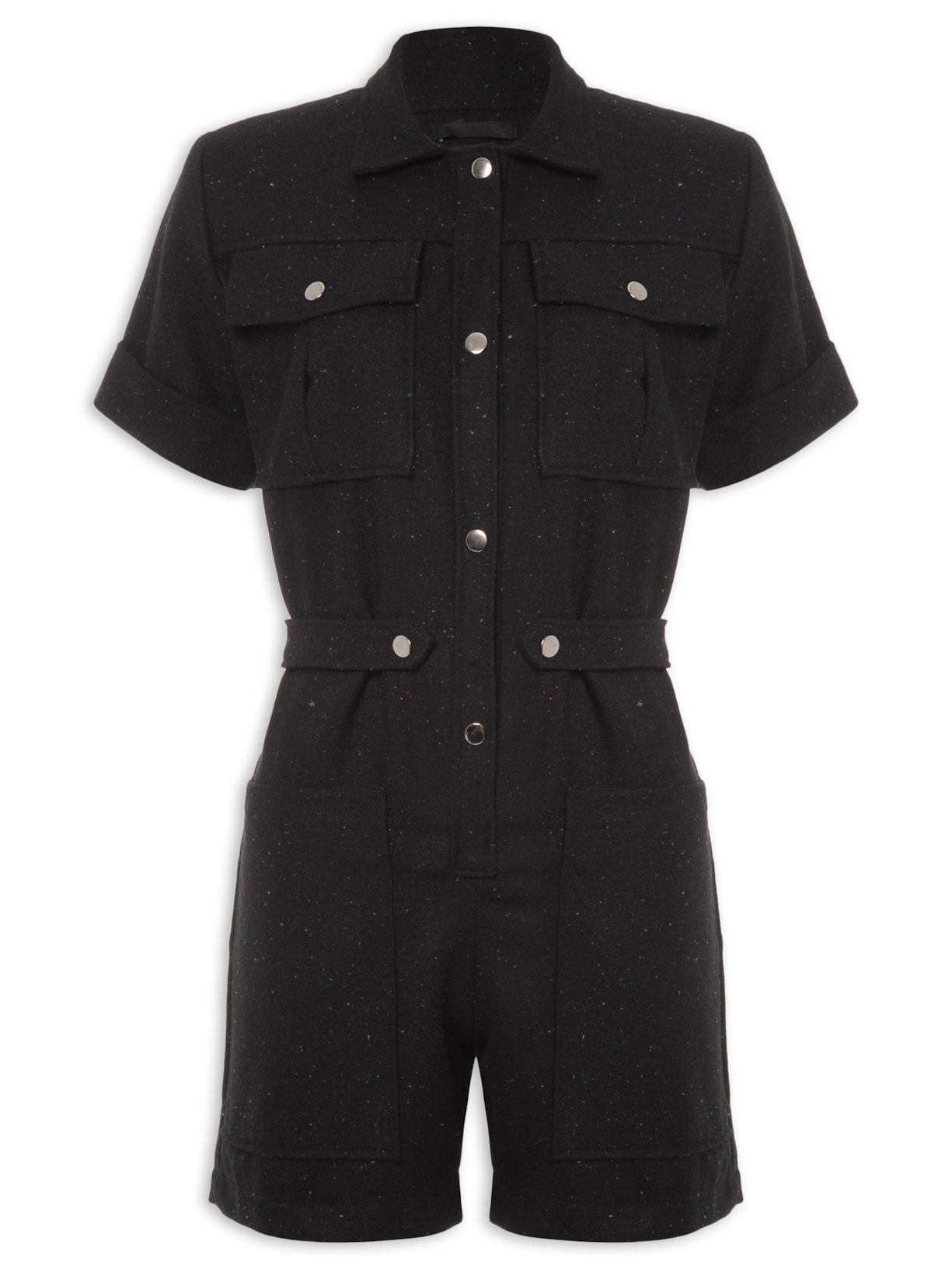 Macaquinho Feminino Utilitário 4 Bolsos De Tweed - Preto