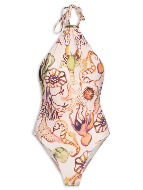 Maiô Decote Halter Fundo Do Mar Cru - Off White