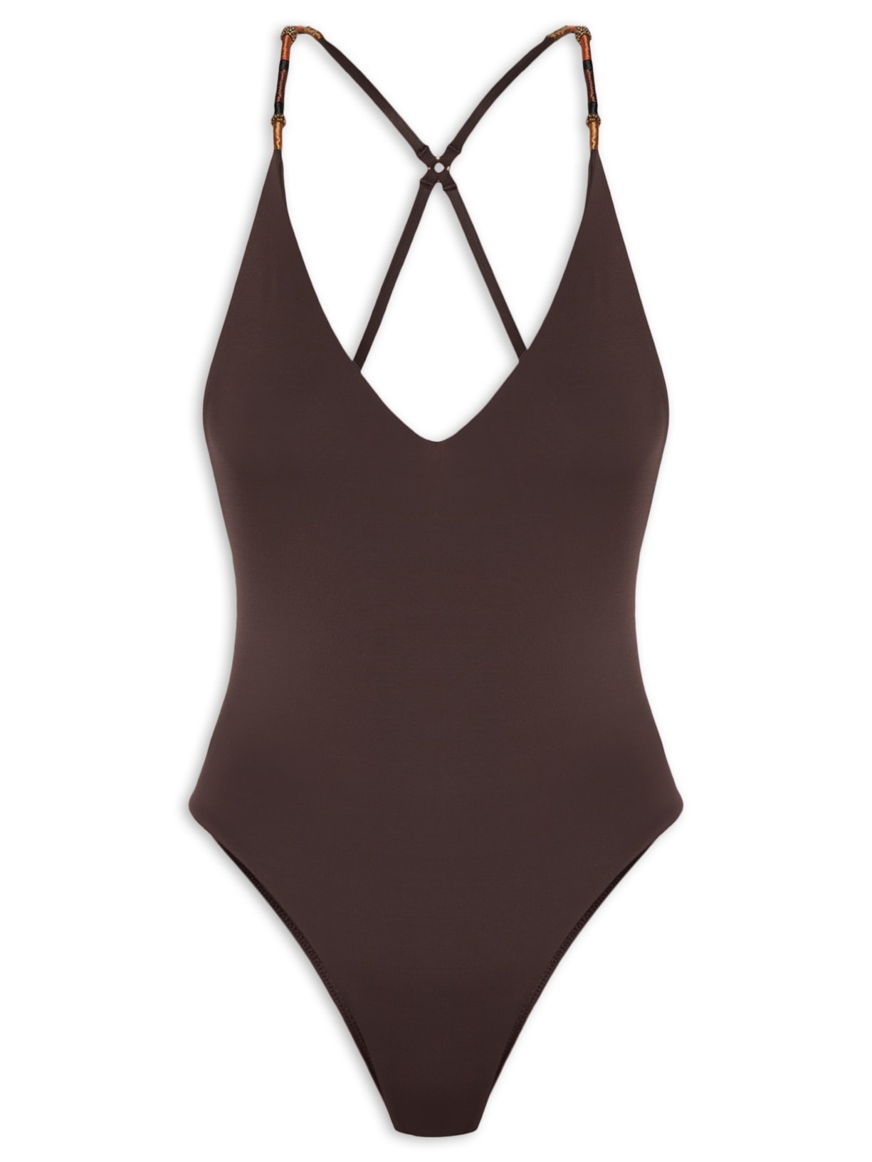 Maiô Decote V Bordado - Marrom