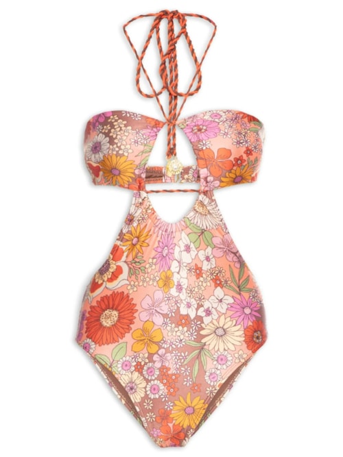Maiô Floral Com Recortes - Laranja