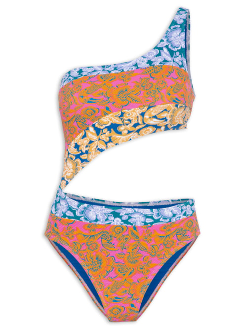 Maiô Um Ombro Só Estampado - Laranja