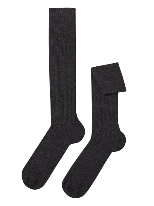 Meia Alta Canelada Em Lã e Cashmere - Cinza