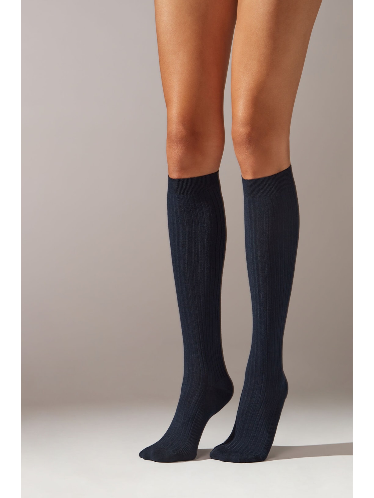 Meia Alta Com Cashmere Canelada Azul Calzedonia