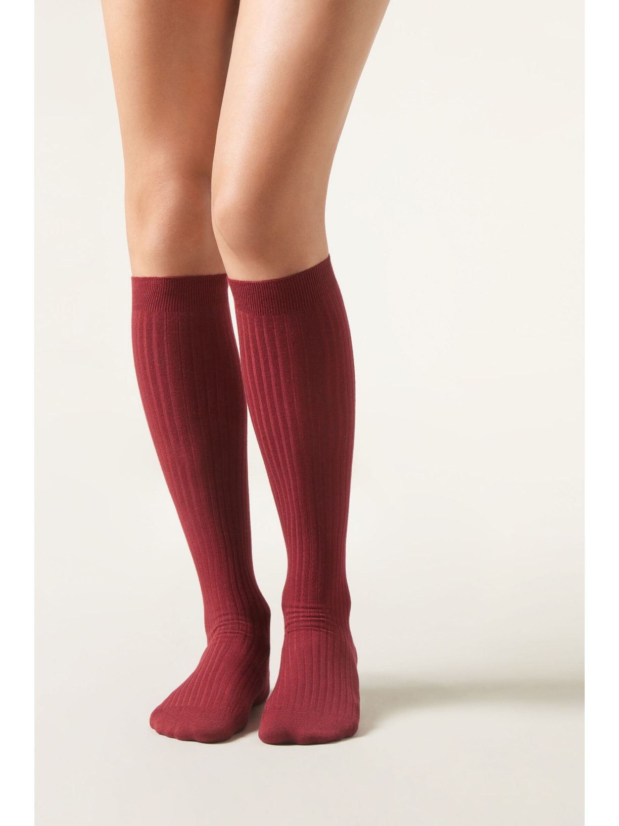 Meia Alta Com Cashmere Canelada Bordô Calzedonia