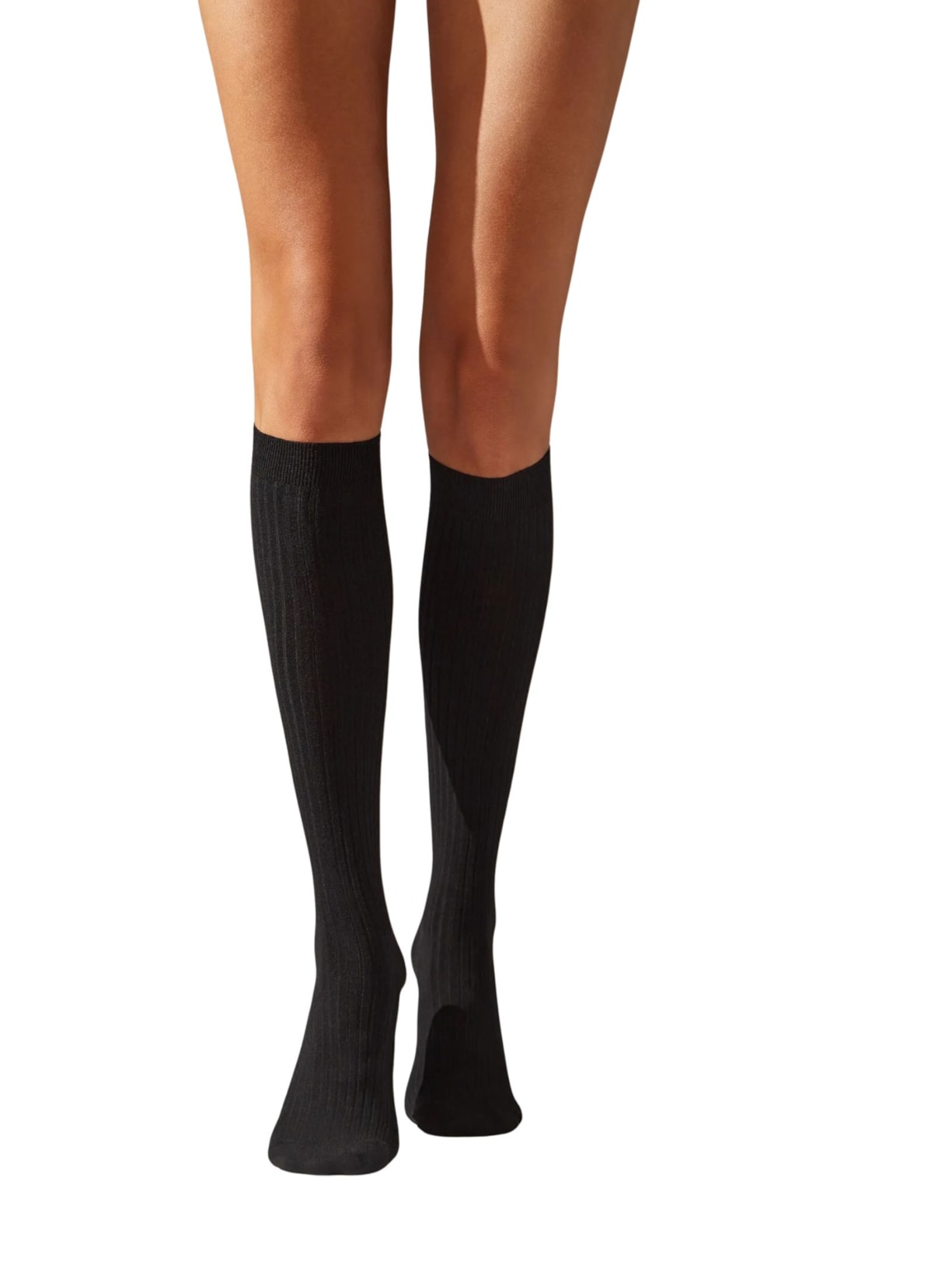 Meia Alta Com Cashmere Canelada - Preto