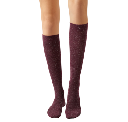 Meia Alta Com Cashmere e Glitter - Bordô