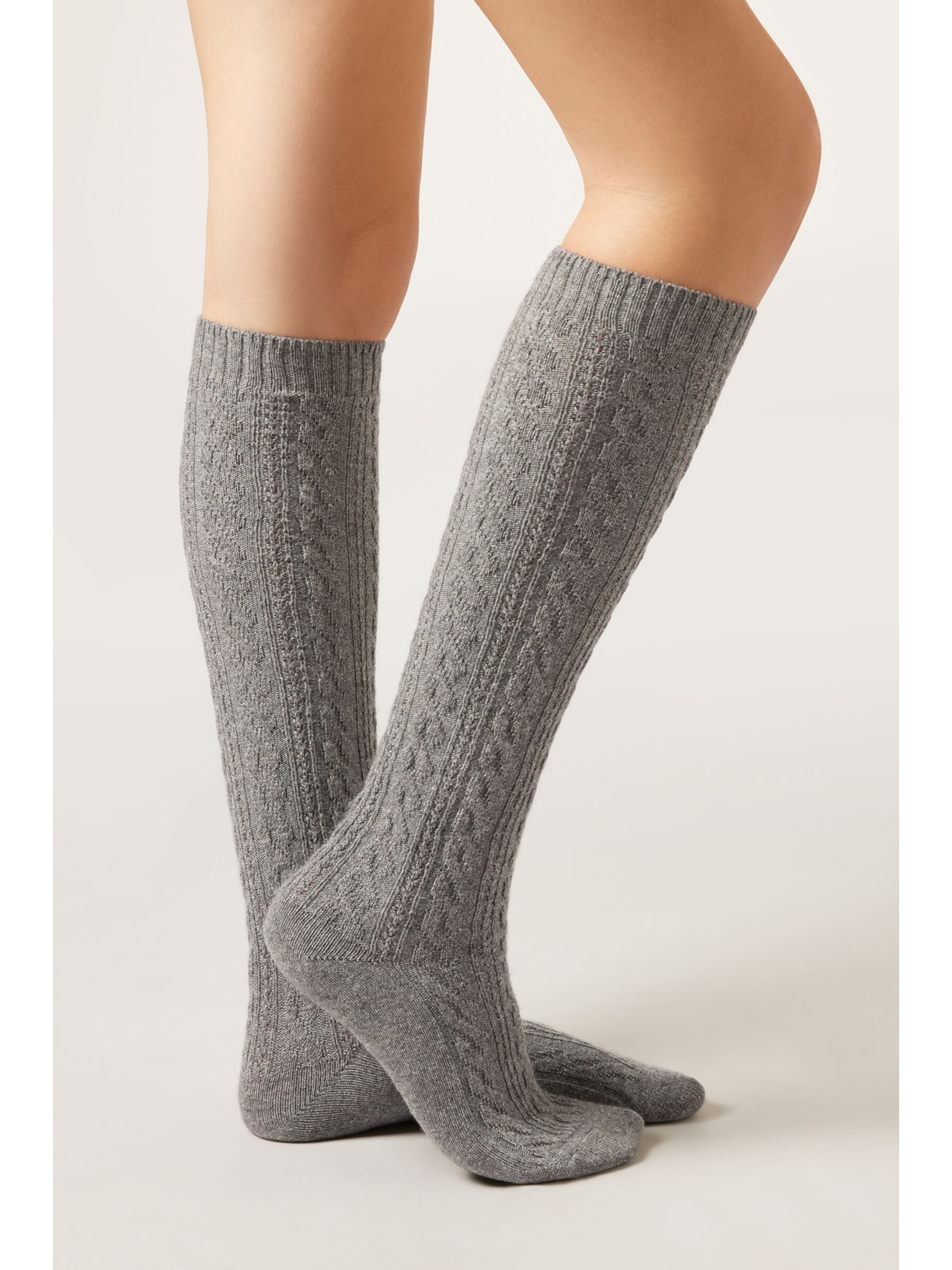 Meia Alta Com Cashmere Trançada Cinza Calzedonia