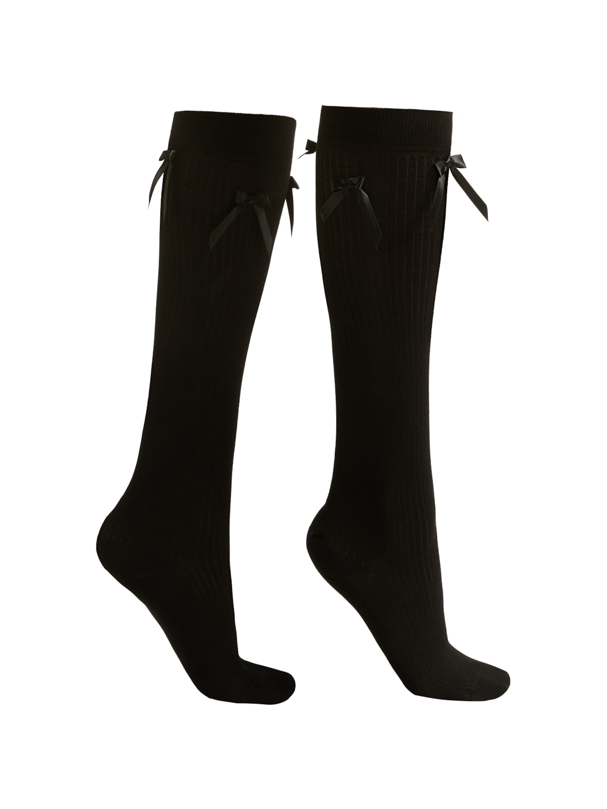 Meia Alta Com Laços Em Algodão Canelado Preto Calzedonia