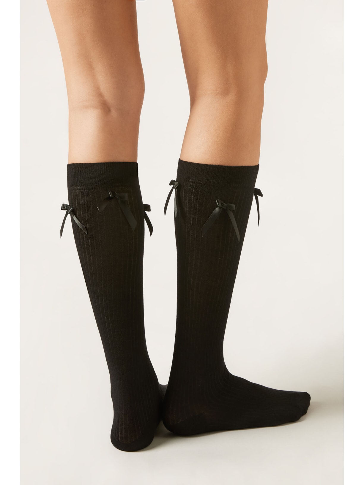 Meia Alta Com Laços Em Algodão Canelado Preto Calzedonia