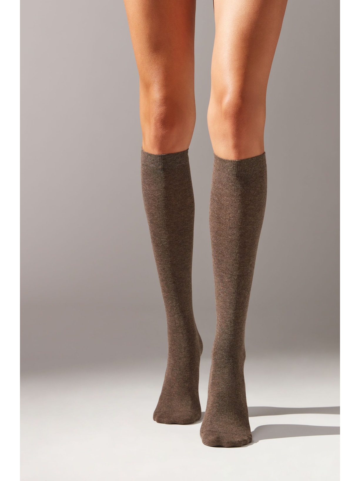 Meia Alta Em Algodão Acetinado Marrom Calzedonia