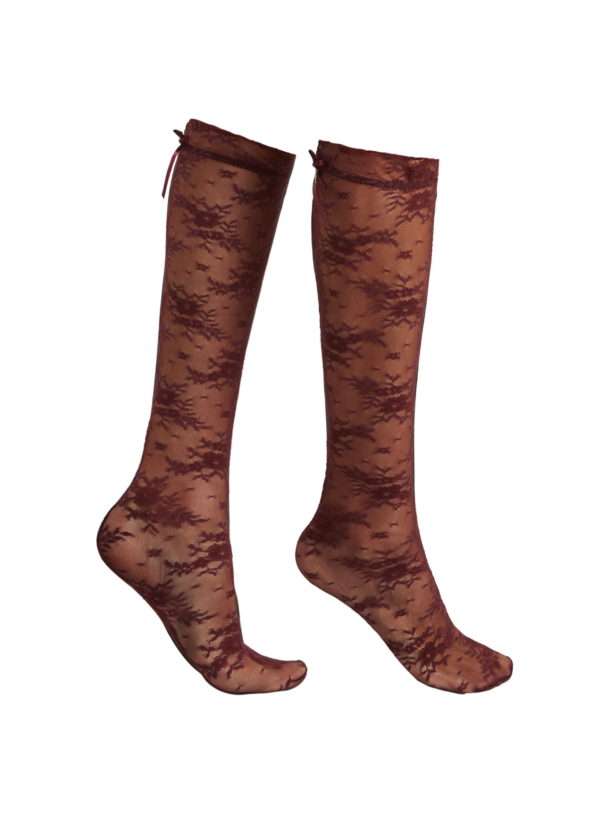 Meia Alta Em Renda Com Padrão Floral Bordô Calzedonia