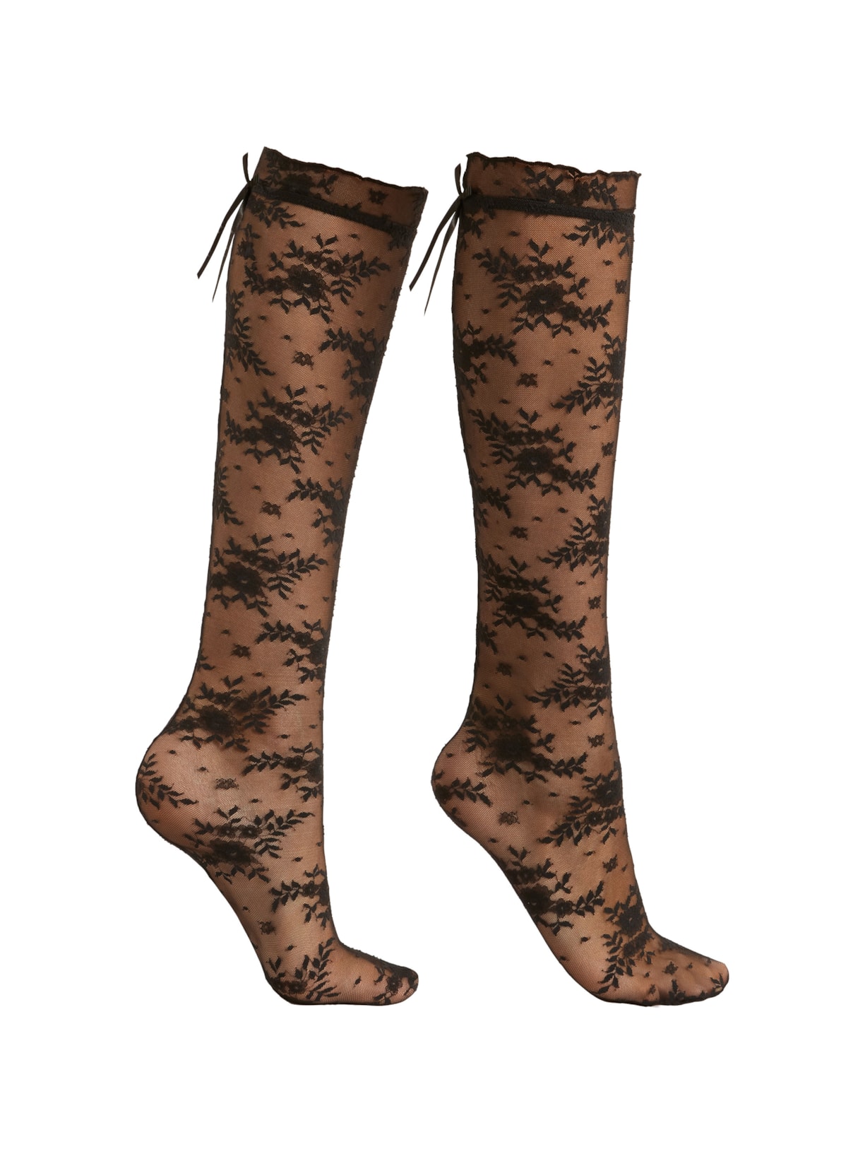 Meia Alta Em Renda Com Padrão Floral - Preto