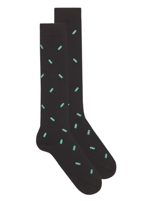 Meia Altas Em Algodão Com Estampa - Preto