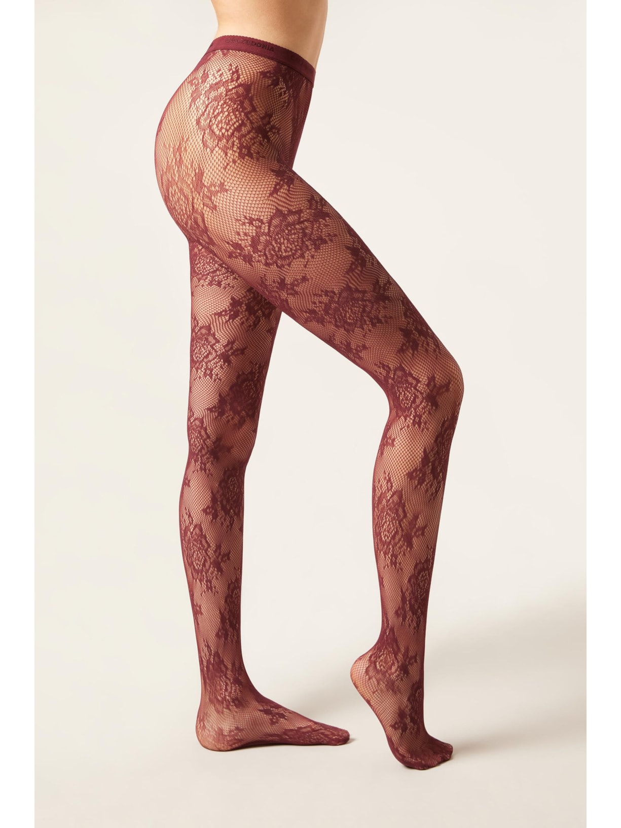 Meia-Calça Arrastão Com Flores Sofisticadas Bordô Calzedonia