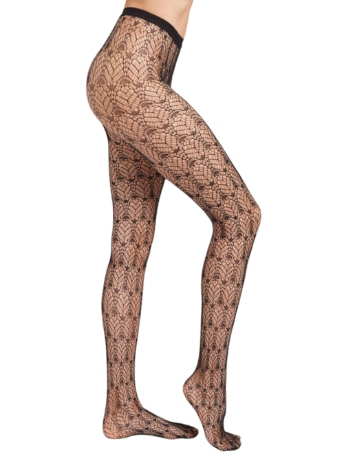 Meia-Calça Arrastão Com Padrão De Leques - Preto