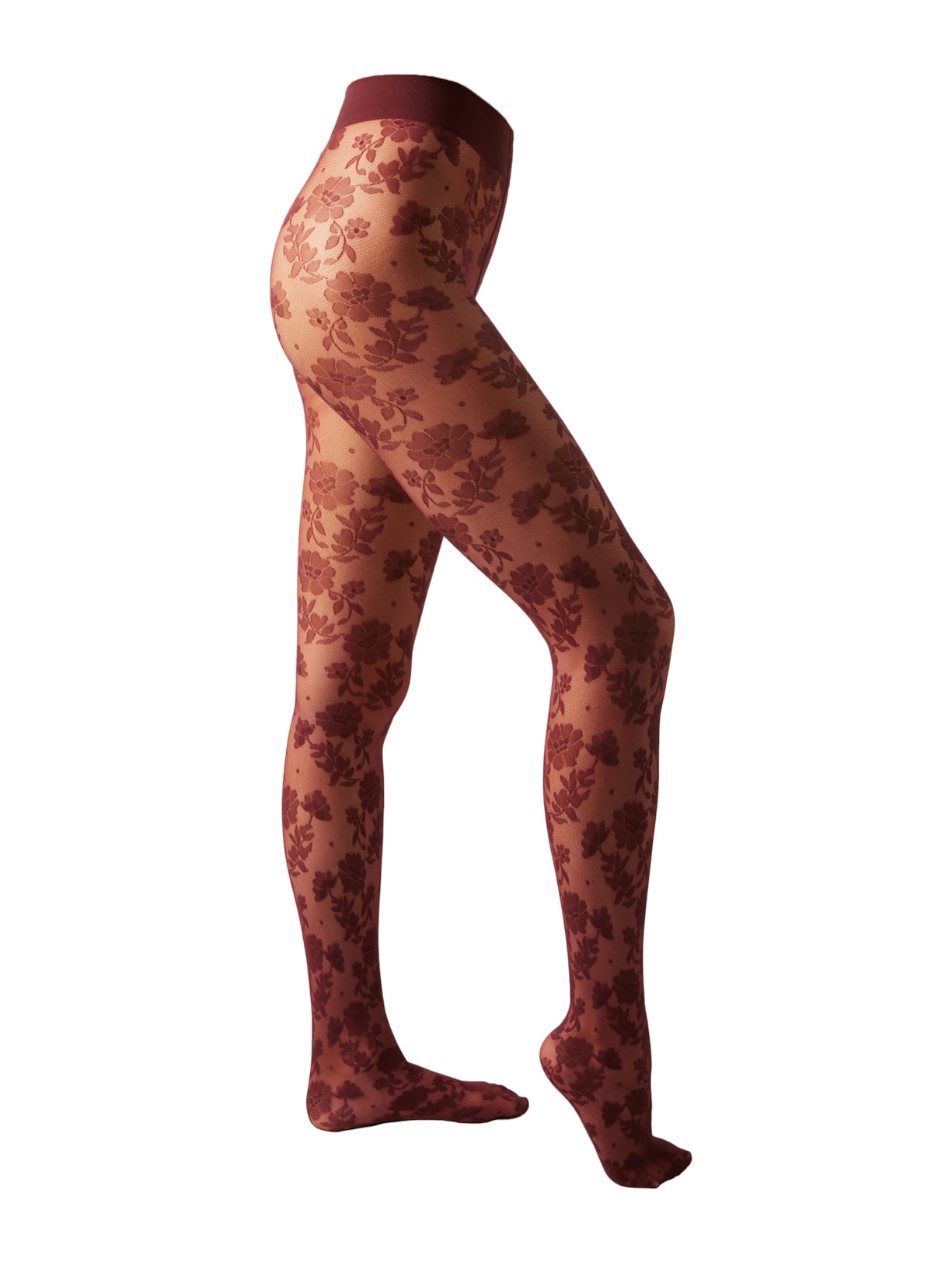 Meia-Calça Arrastão Com Padrão Floral - Bordô