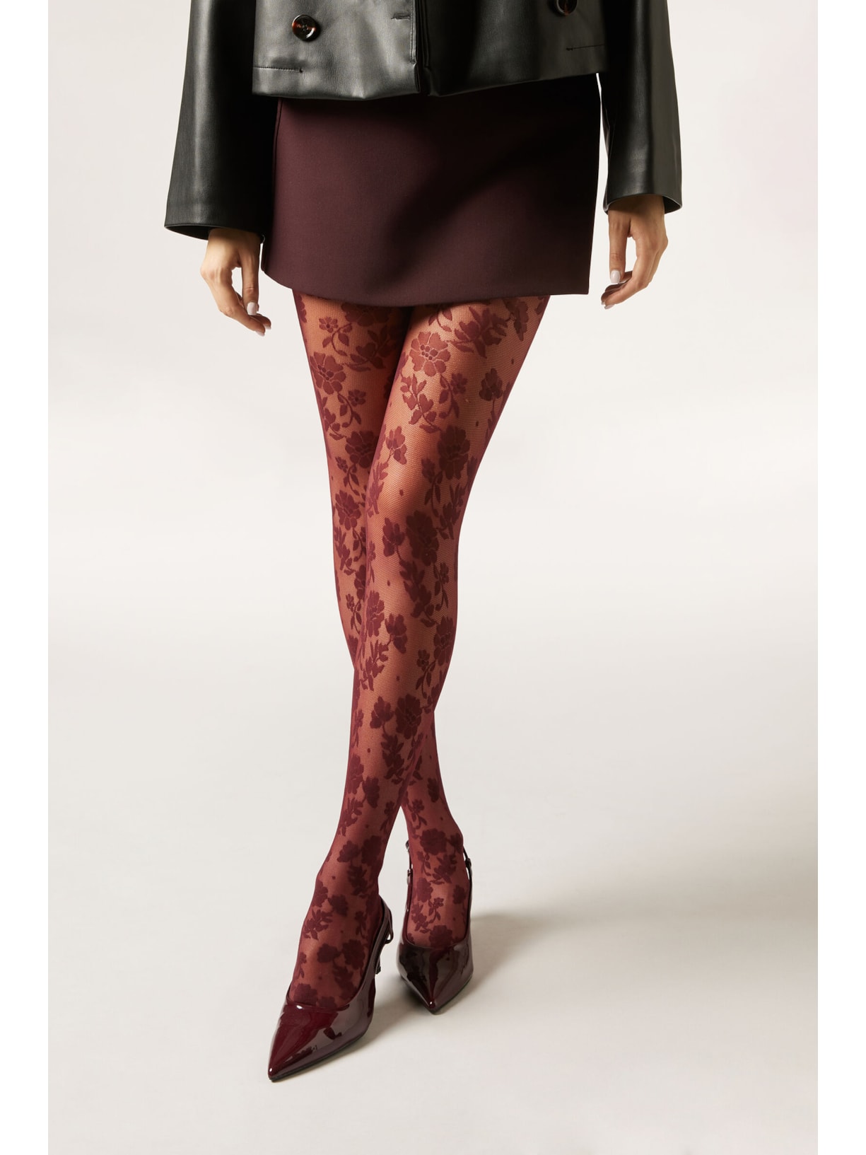 Meia-Calça Arrastão Com Padrão Floral Bordô Calzedonia