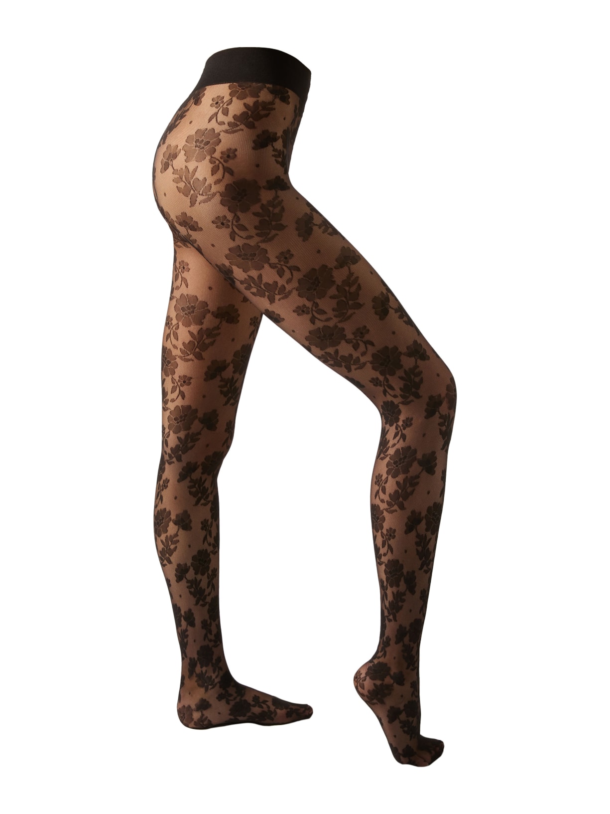 Meia-Calça Arrastão Com Padrão Floral - Preto