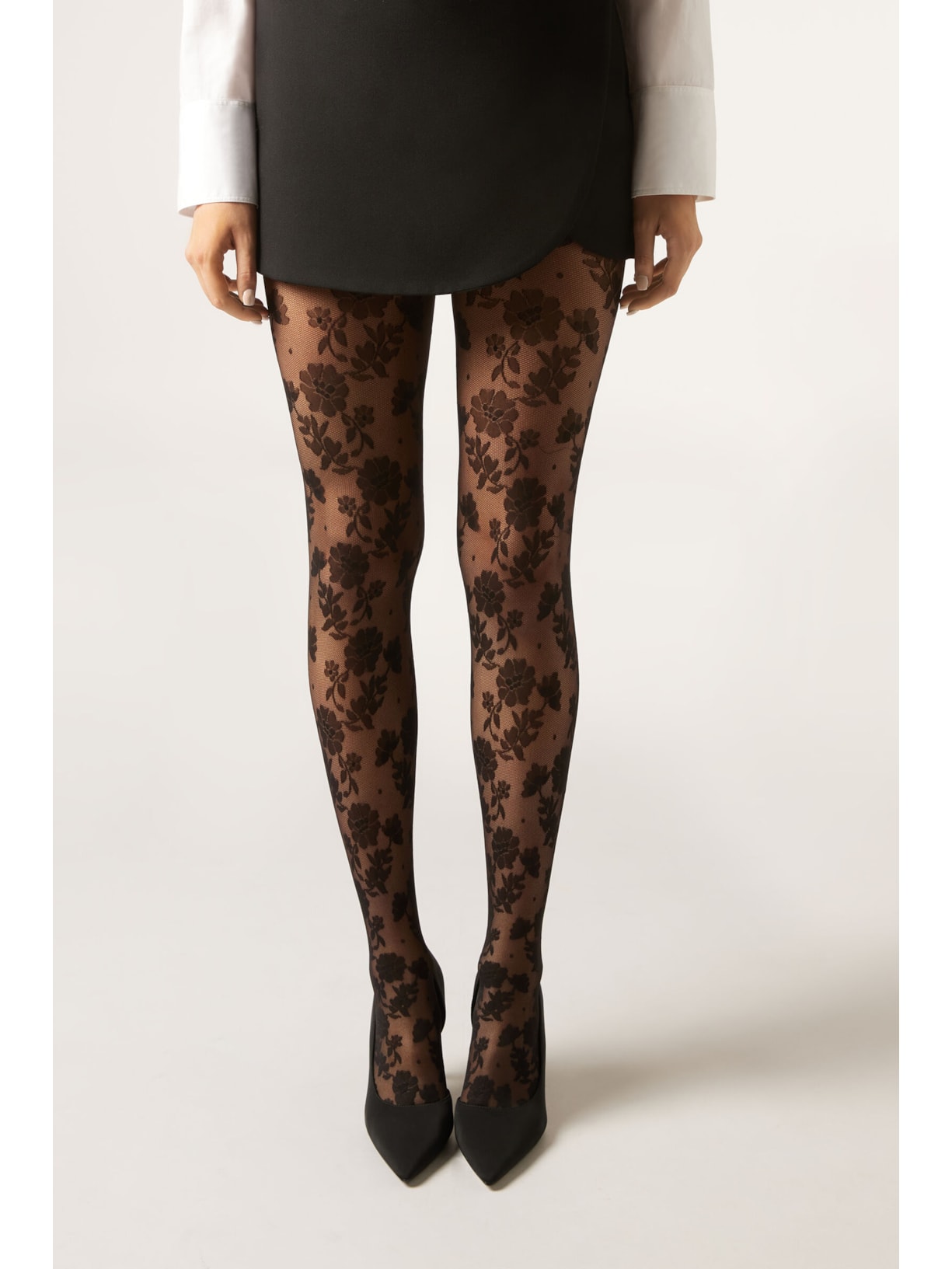 Meia-Calça Arrastão Com Padrão Floral Preto Calzedonia