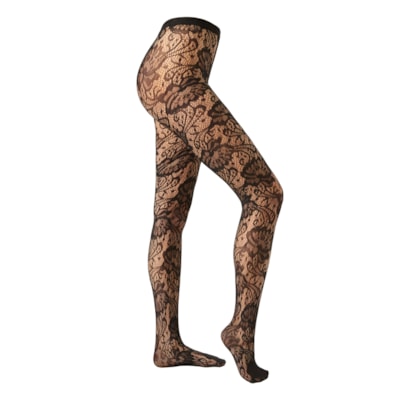 Meia-Calça Arrastão Com Padrão Floral - Preto