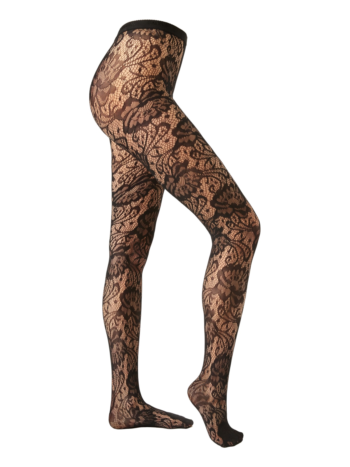 Meia-Calça Arrastão Com Padrão Floral - Preto